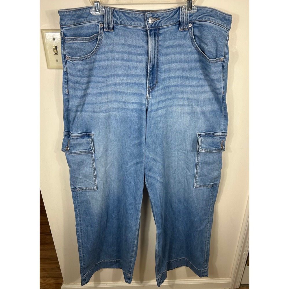 American Eagle Cargo Jeans Women 18 Blue Super High Rise Baggy Wide Leg Stretch
